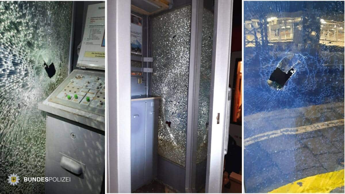 Beschädigungen an den Scheiben des Abfertigungshäuschen