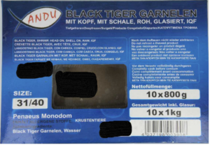 Black Tiger Garnelen, mit Kopf, mit Schale, roh, glasiert, IQF Anduronda Köln