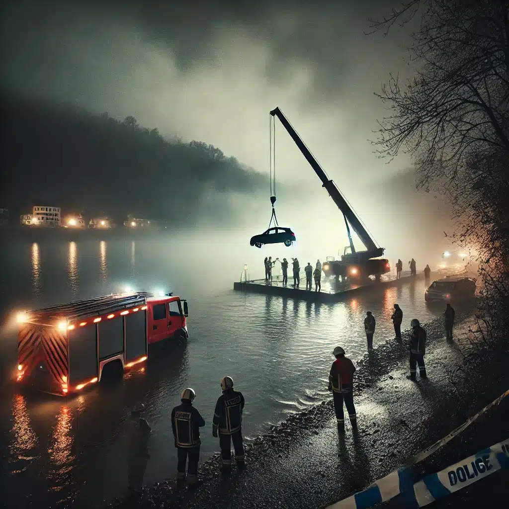 DALL·E 2024-11-05 07.48.26 - A dramatic night scene on the banks of the Danube River in Saal, Bavaria, Germany. A car is being lifted out of the water by a large crane under dim l