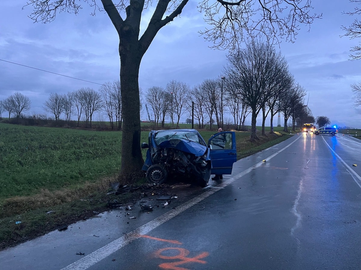 Front des Mercedes Vito nach Aufprall gegen Straßenbaum