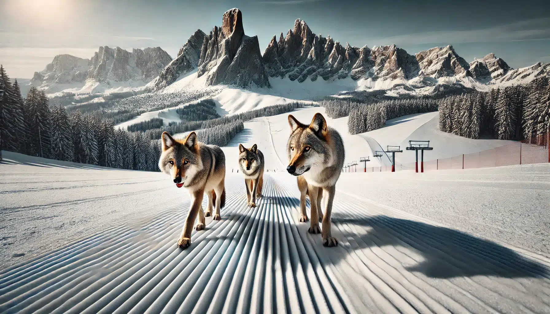 DALL·E 2024-12-14 14.45.27 - A striking scene of three wolves walking across a freshly groomed ski slope in the Stilfser Joch National Park, near the Swiss border in Italy. The ba