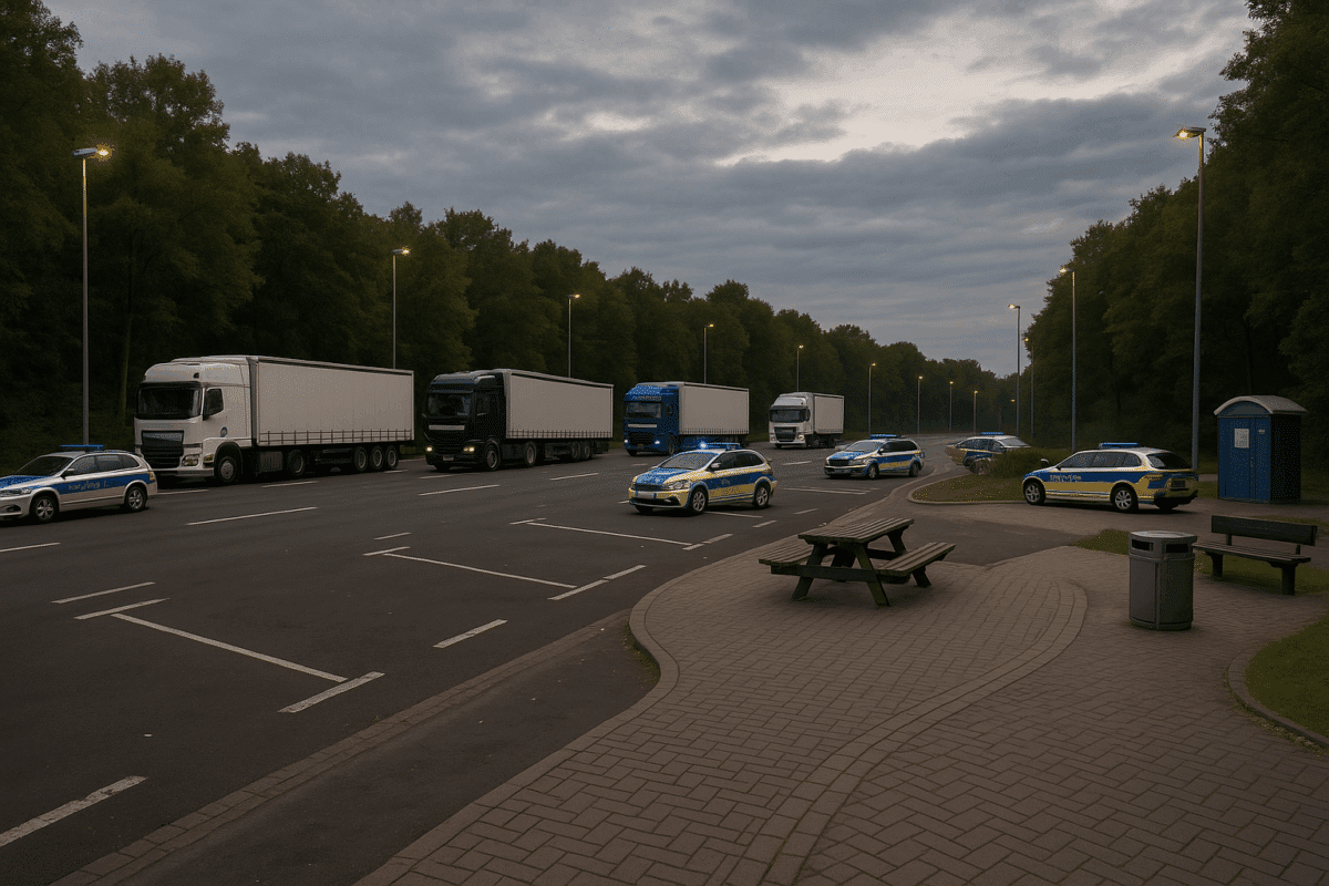 Polizei und Lkw auf Rastplatz