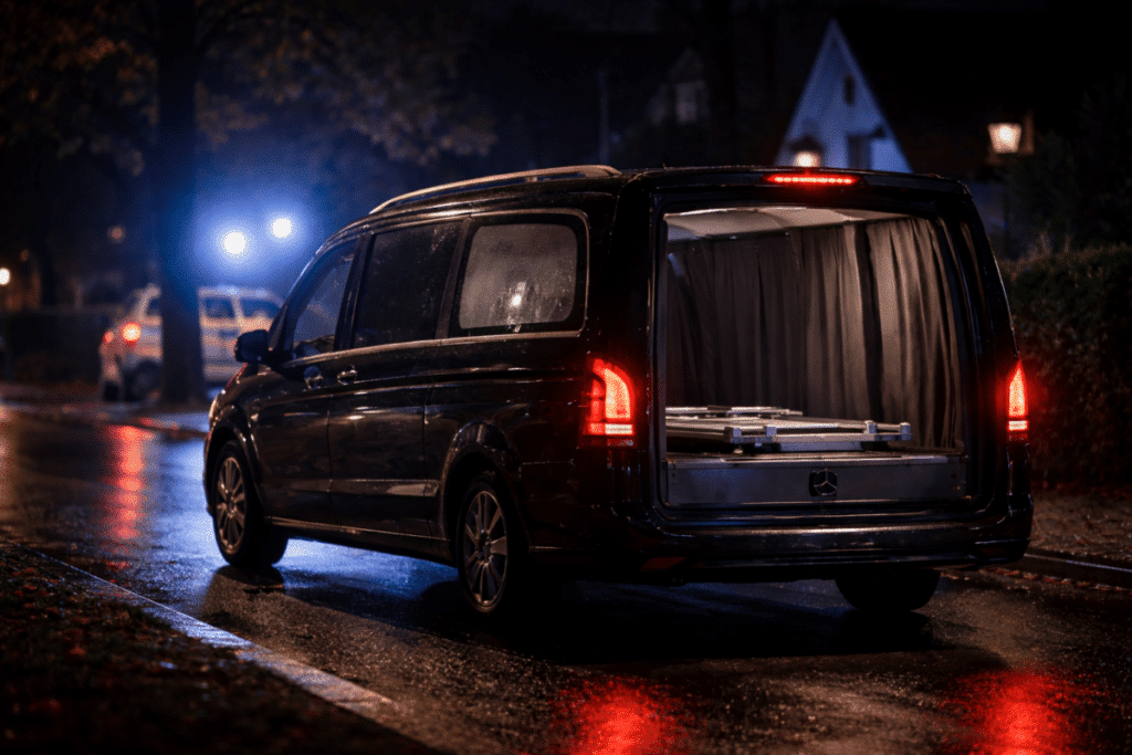 Schwarzer Leichenwagen bei Nacht