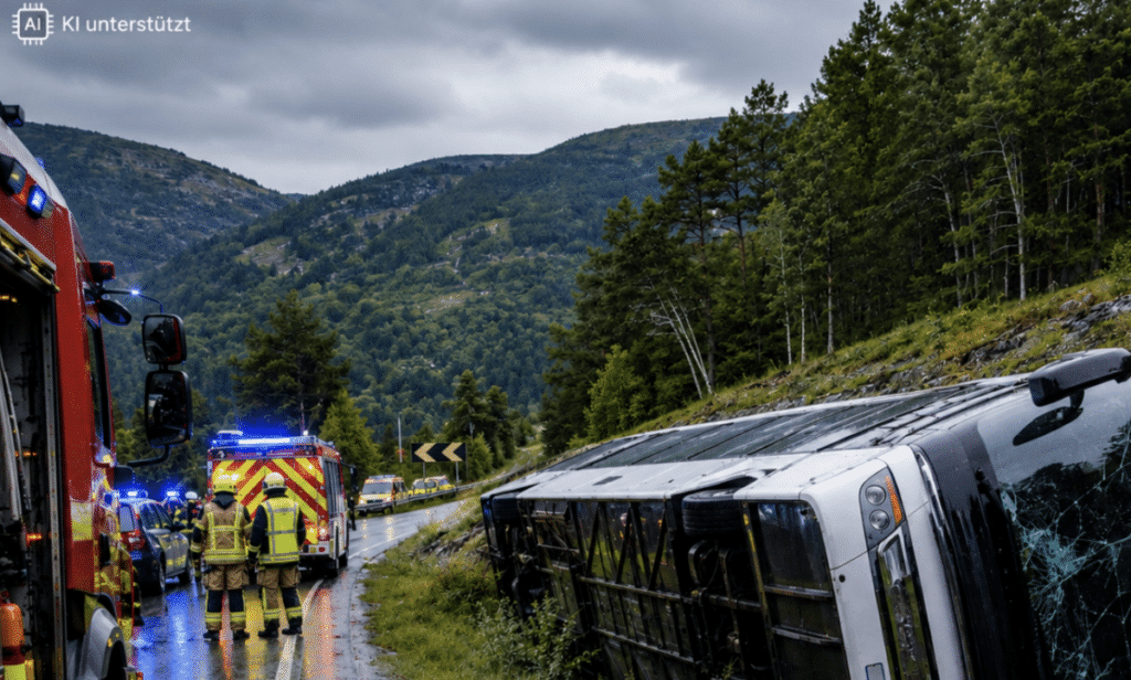 Reisebus-Unfall Norwegen, Reisebus Norwegen, Busunfall Norwegen, deutsche Touristen Norwegen, Unfall Trøndelag, E6 Namdalen, Bus umgekippt, deutsche Urlauber verletzt