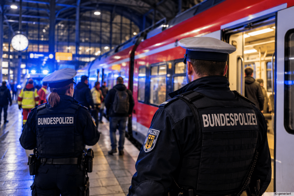 Bundespolizei am erleuchteten Bahnsteig