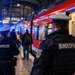 Bundespolizei am erleuchteten Bahnsteig