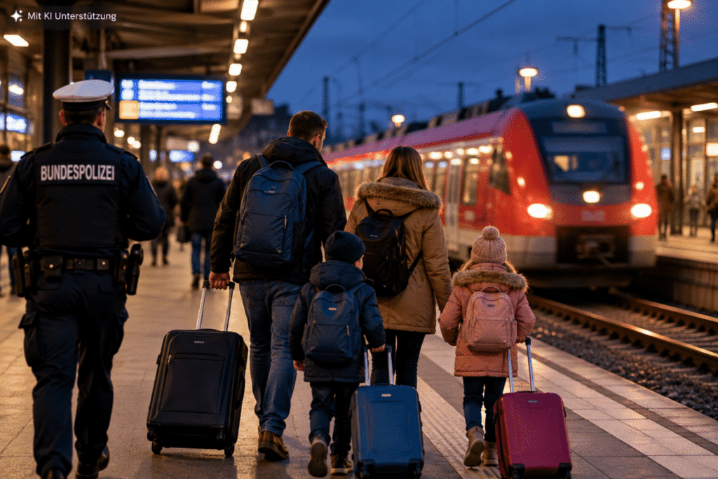 Familienreise am beleuchteten Bahnsteig
