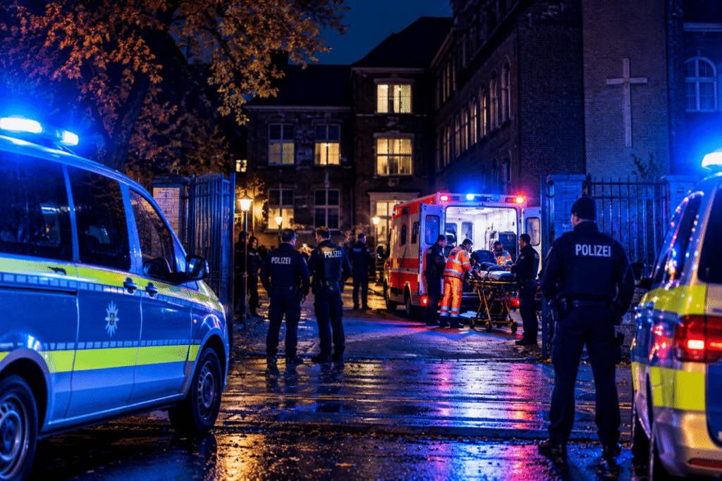 Nächtlicher Einsatz vor Backsteingebäude
