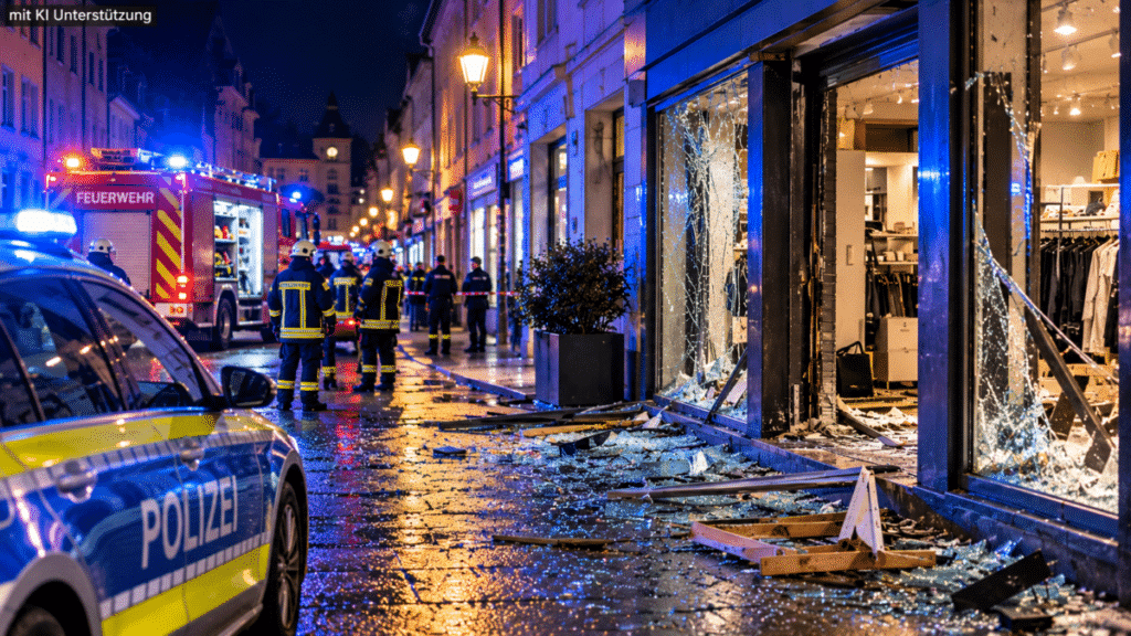 Nächtlicher Feuerwehreinsatz vor zerbrochenem Schaufenster