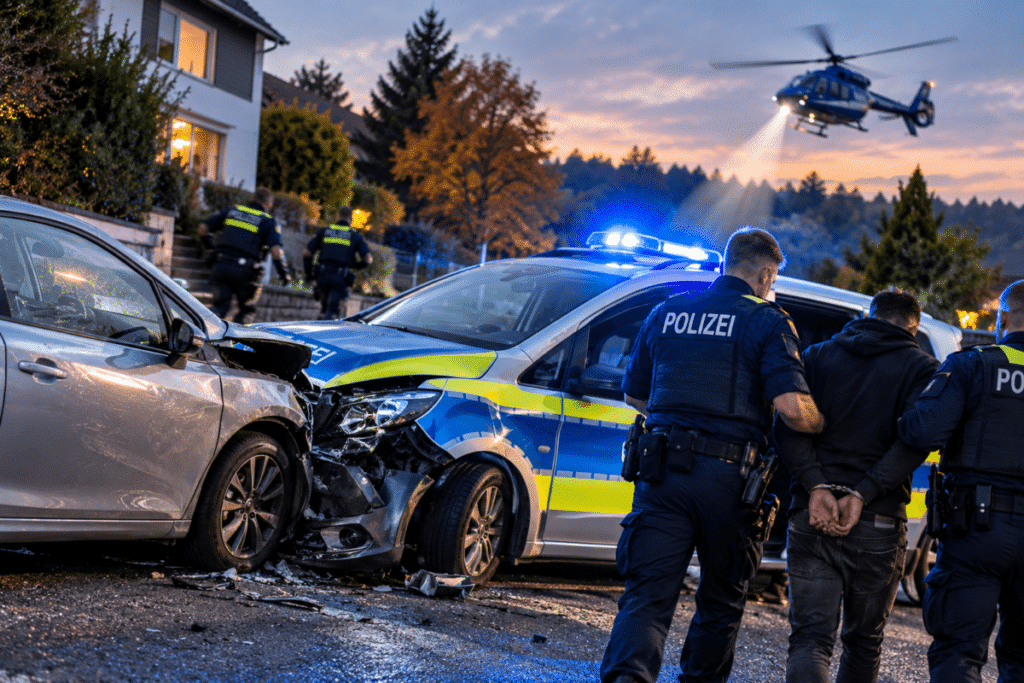 Polizeieinsatz bei Dämmerung mit Unfallort