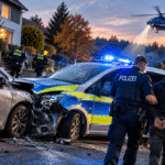 Polizeieinsatz bei Dämmerung mit Unfallort