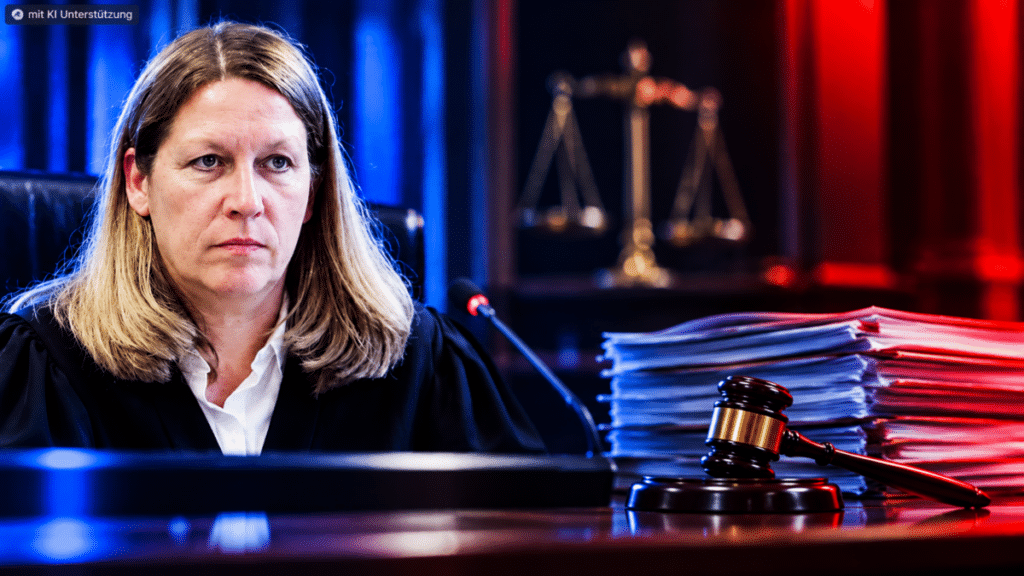 Strenge Richterin zwischen Gavel und Akten